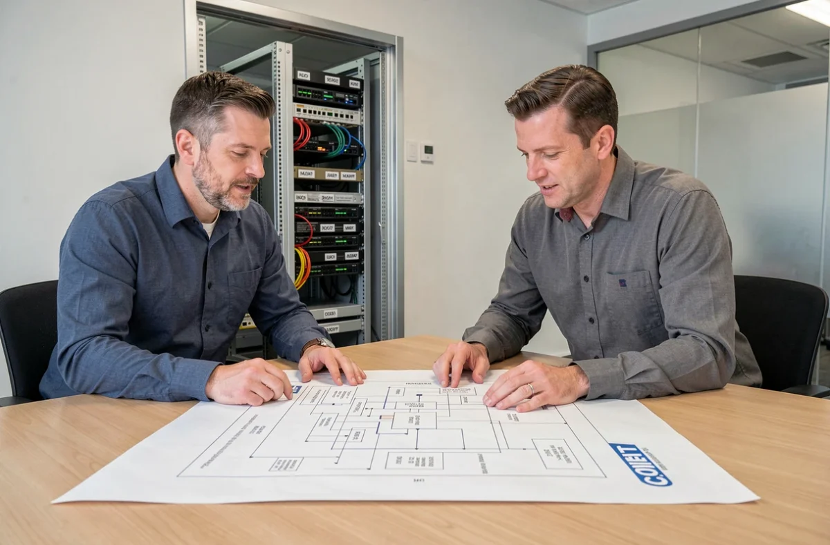 Deux techniciens Ab Technology examinant un plan de déploiement réseau dans des locaux d'entreprise à Cholet
