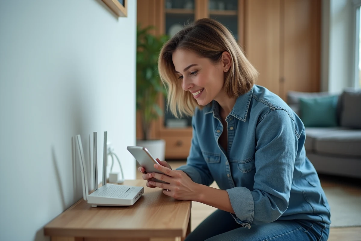 Femme accédant aux paramètres de son routeur Wi-Fi via smartphone dans un salon moderne