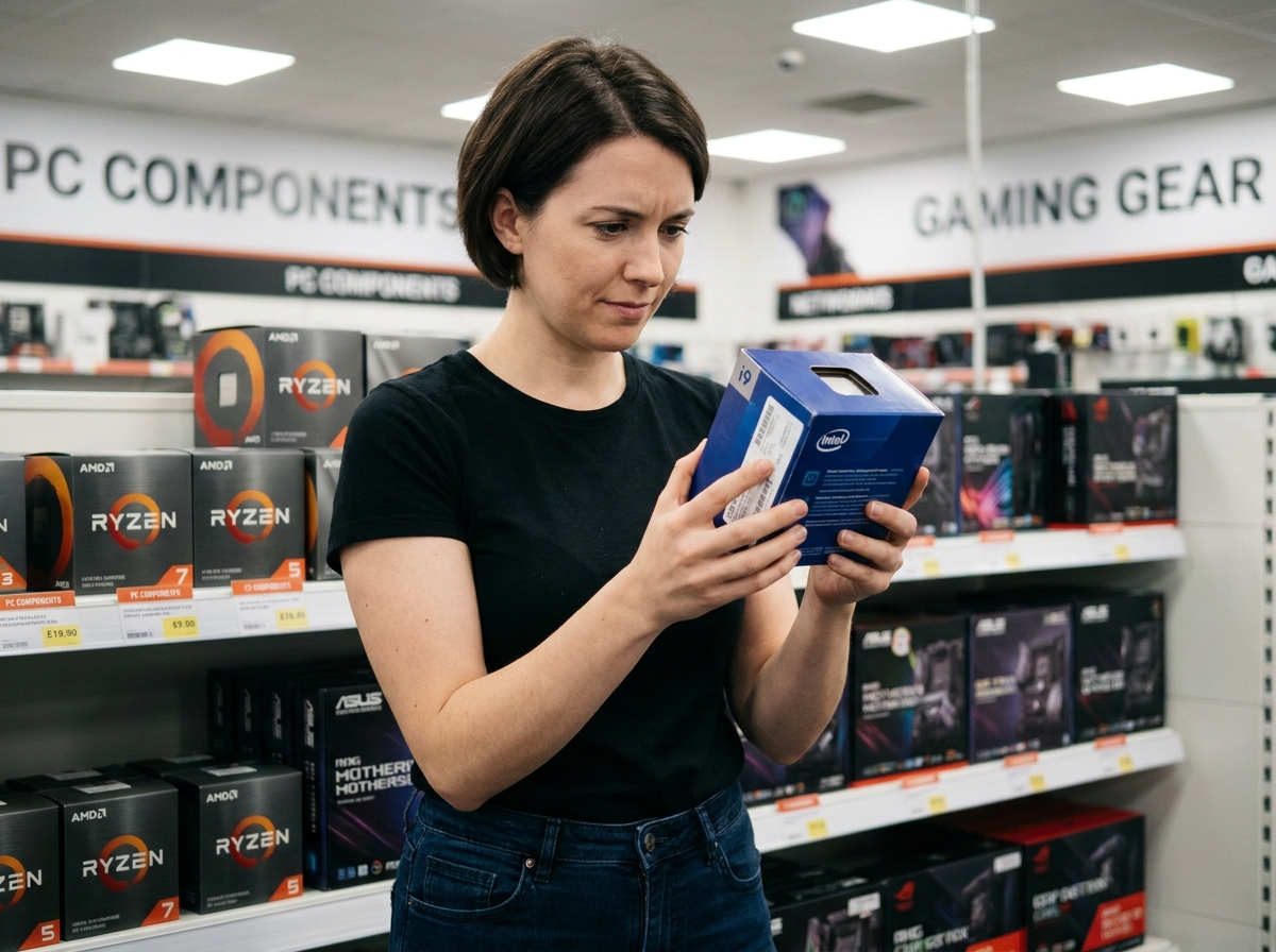 Femme tenant une boîte de processeur gaming dans un magasin de matériel informatique