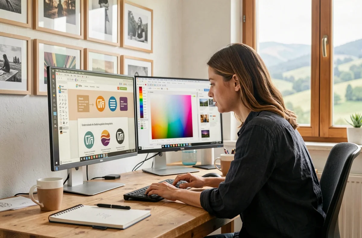 Designer d'Acide Création travaillant sur des maquettes de sites web et identité visuelle dans un studio en Isère