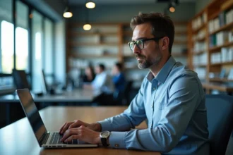 Administrateur informatique concentré sur son ordinateur en bureau