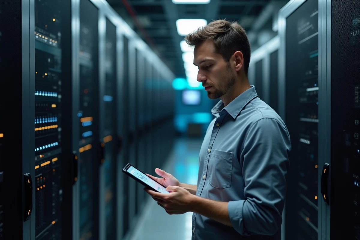 Administrateur informatique gérant la messagerie académique Convergence Grenoble depuis une salle de serveurs universitaire