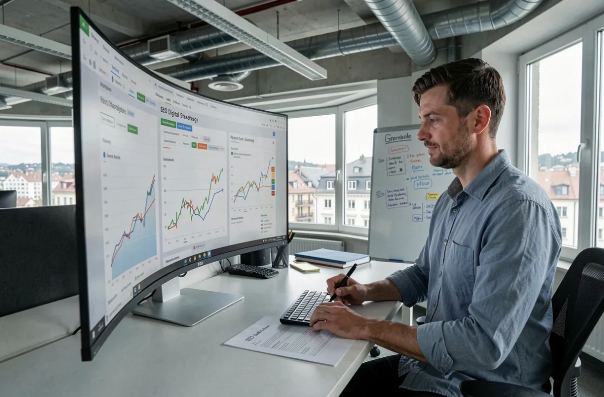 Spécialiste SEO d'ADN Com analysant des données de référencement et de stratégie digitale à Grenoble