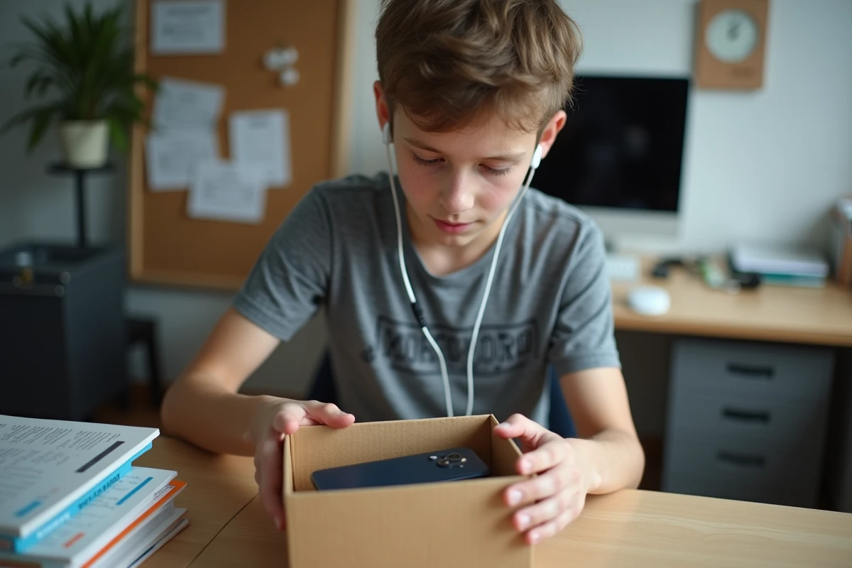 Adolescent déballant un smartphone reconditionné dans sa chambre d'étudiant
