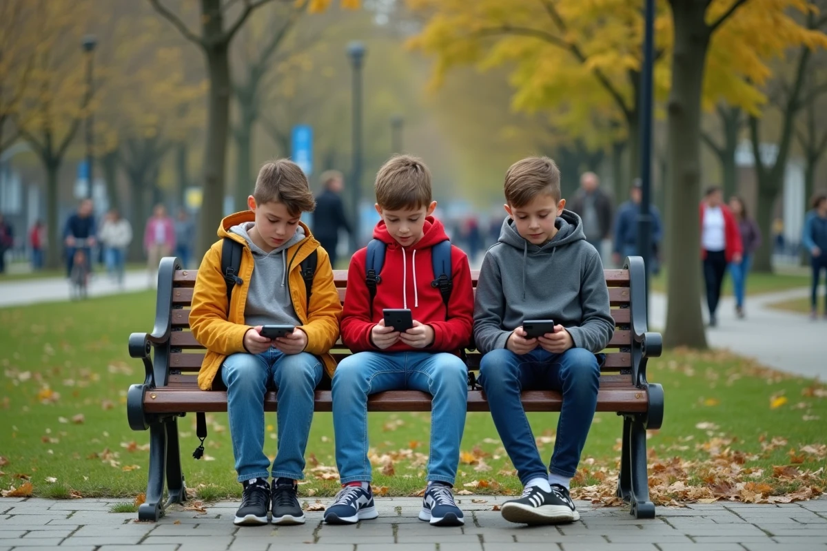Groupe d adolescents sur un banc dans un parc urbain