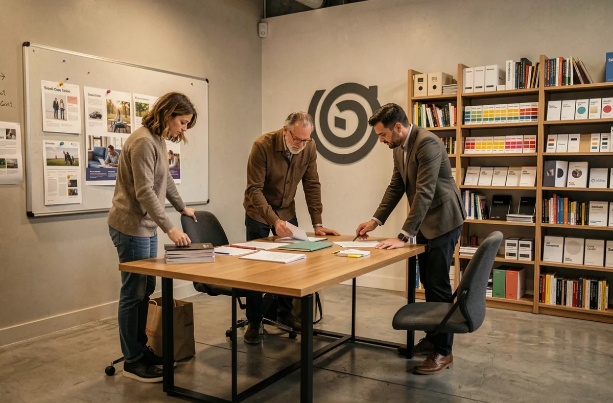 Équipe de l'agence Ailleurs à Grenoble travaillant sur une stratégie de communication globale avec des visuels imprimés