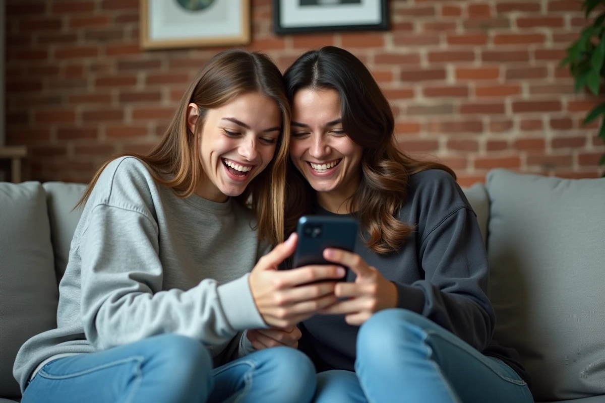 Deux amis riant en découvrant l'easter egg Google Do a Barrel Roll sur un smartphone dans un salon