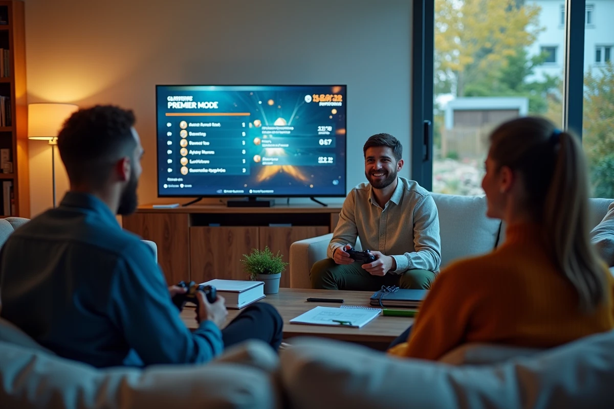 Trois amis discutant stratégies CS2 dans un salon convivial