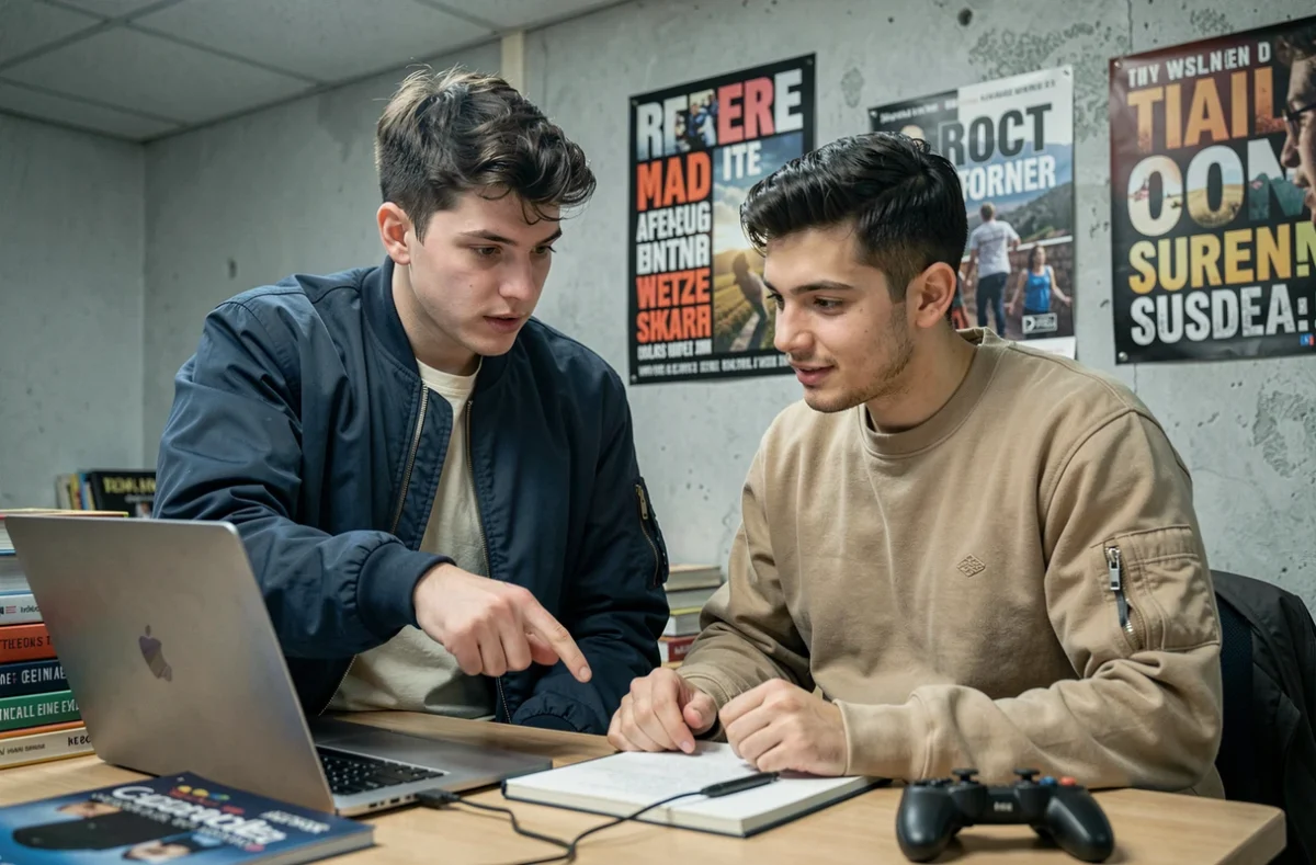 Deux amis cherchant ensemble des solutions à un bug de connexion Fortnite sur un ordinateur portable
