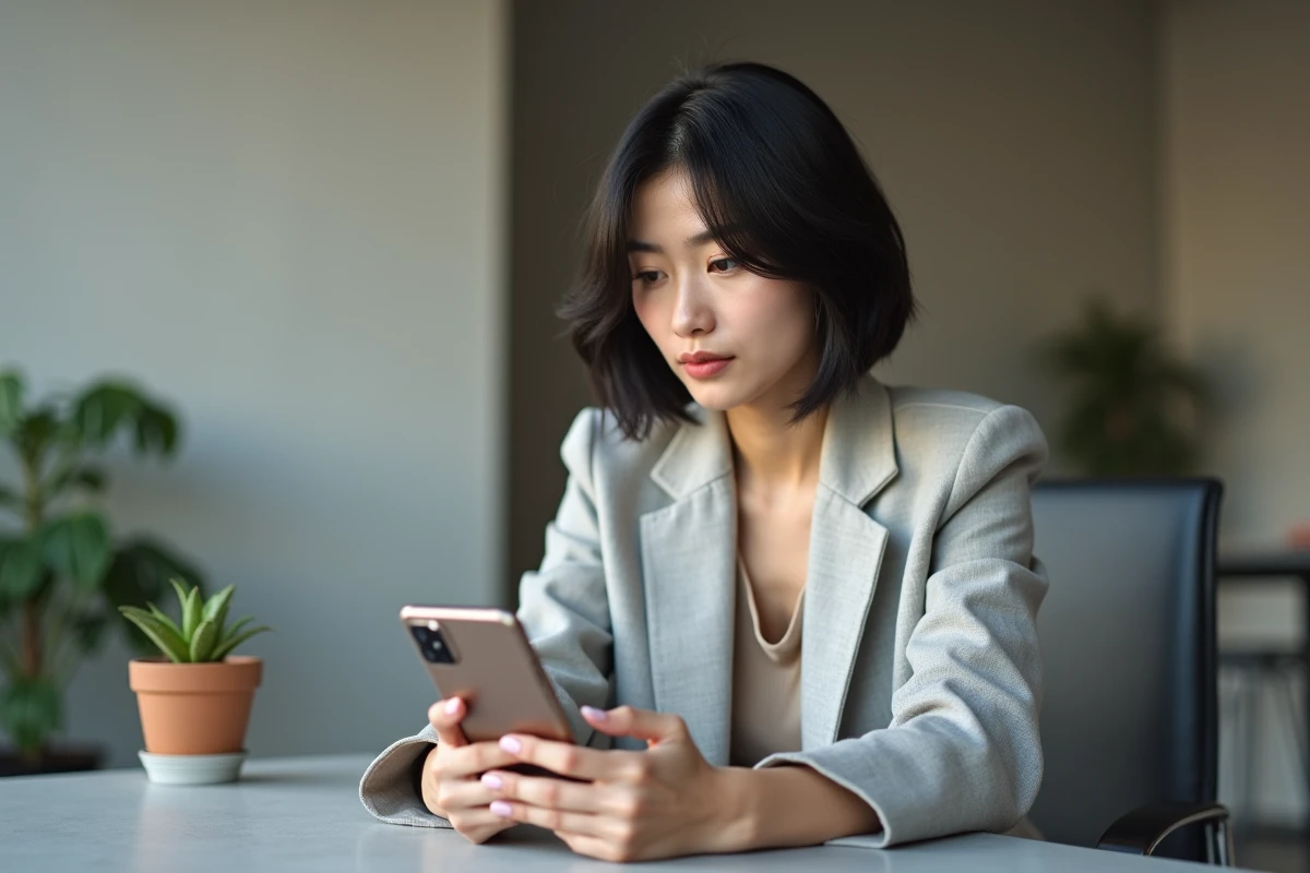 Femme analysant un iPhone 16 posé dans ses mains dans un bureau moderne minimaliste
