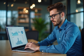 Jeune homme professionnel analysant un tableau de bord numérique