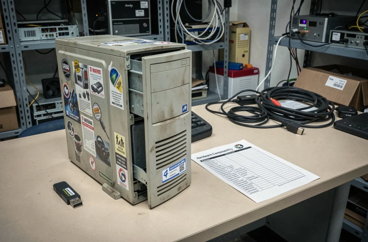 Ancien ordinateur de bureau avec clé USB et checklist de compatibilité matérielle posés sur un bureau dans un atelier de réparation informatique
