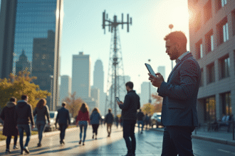 Rue urbaine animée avec antenne 5G sur le toit