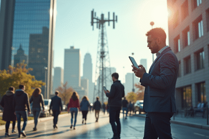 Rue urbaine animée avec antenne 5G sur le toit