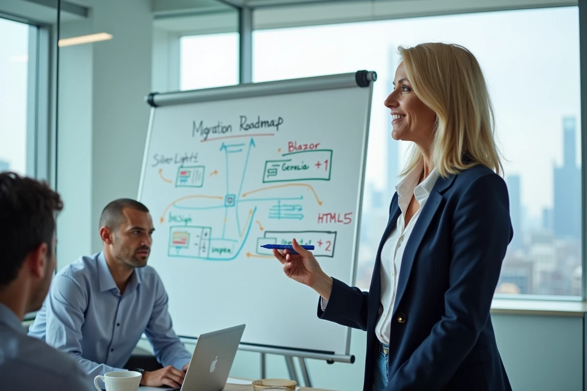Architecte logicielle présentant une feuille de route de migration Silverlight vers Blazor sur un tableau blanc en salle de réunion