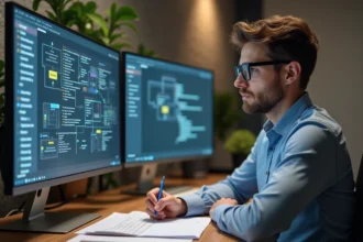 Architecte logiciel analysant un diagramme microservices dans un bureau moderne