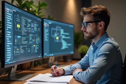 Architecte logiciel analysant un diagramme microservices dans un bureau moderne