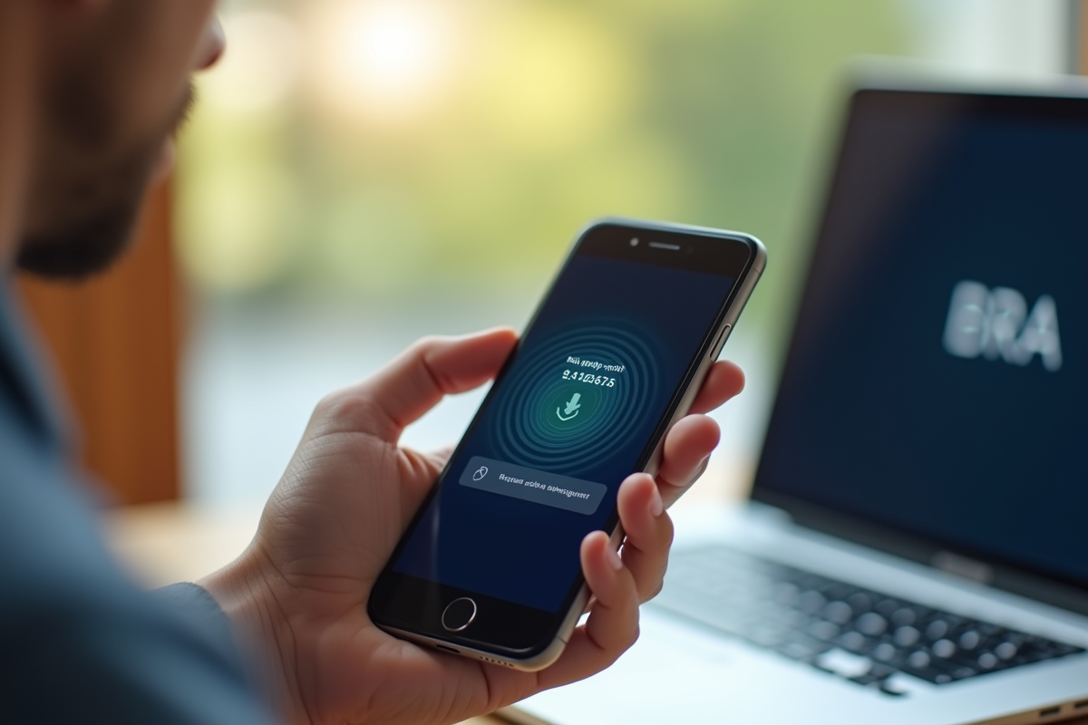 Smartphone affichant un code 2fa dans un espace moderne