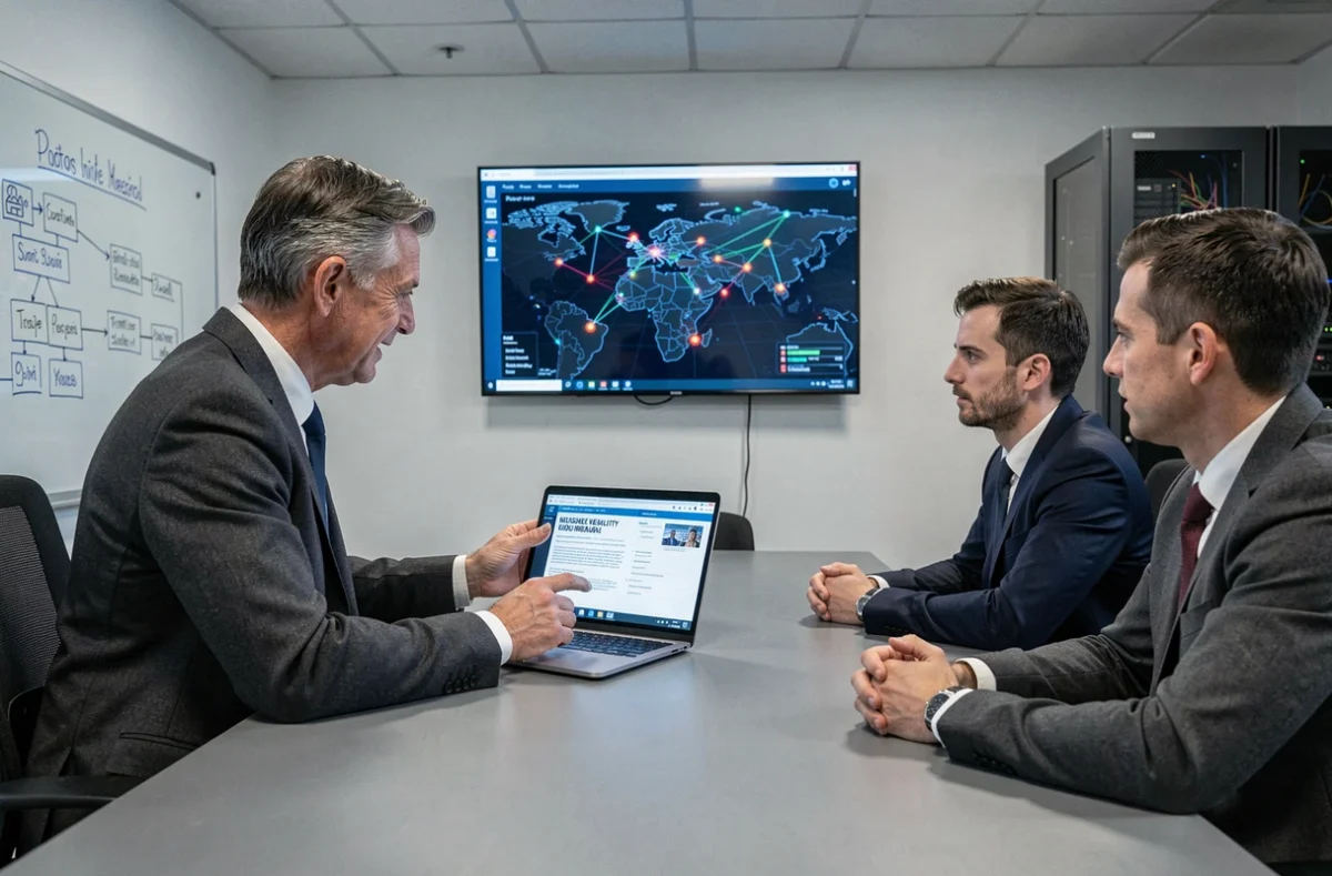 Consultant Azur Conseil Informatique présentant un rapport d'audit de sécurité informatique lors d'une réunion professionnelle