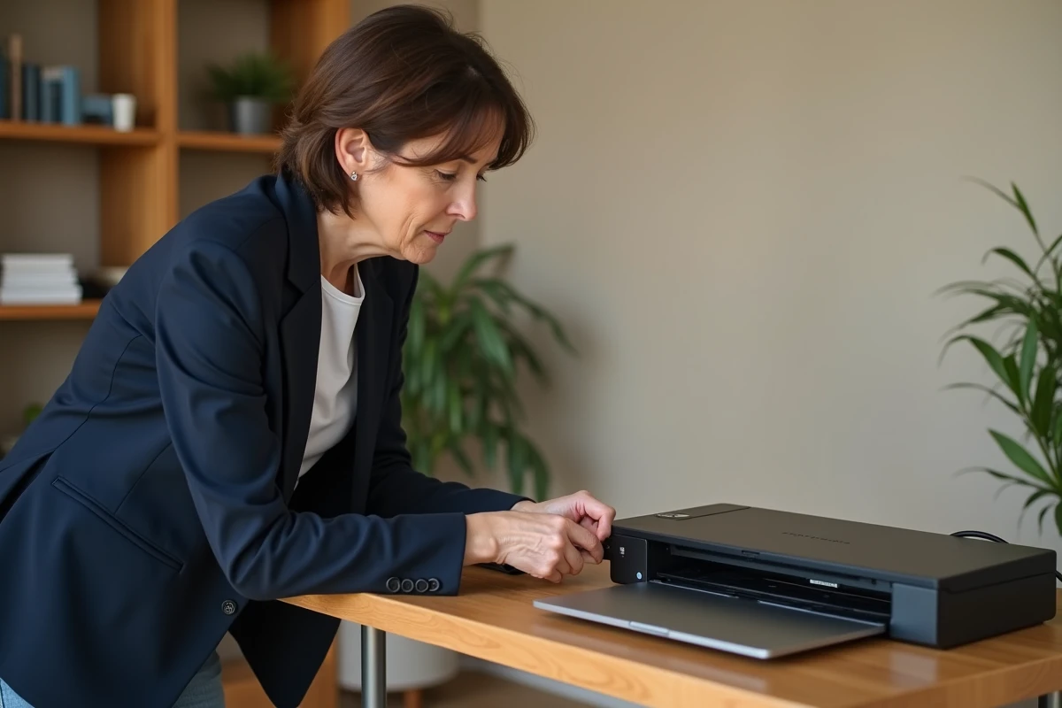 Femme branchant un câble USB C sur un scanner à plat dans un bureau professionnel