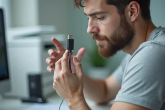Câble USB B vers USB C tenu à la main devant une imprimante dans un bureau à domicile