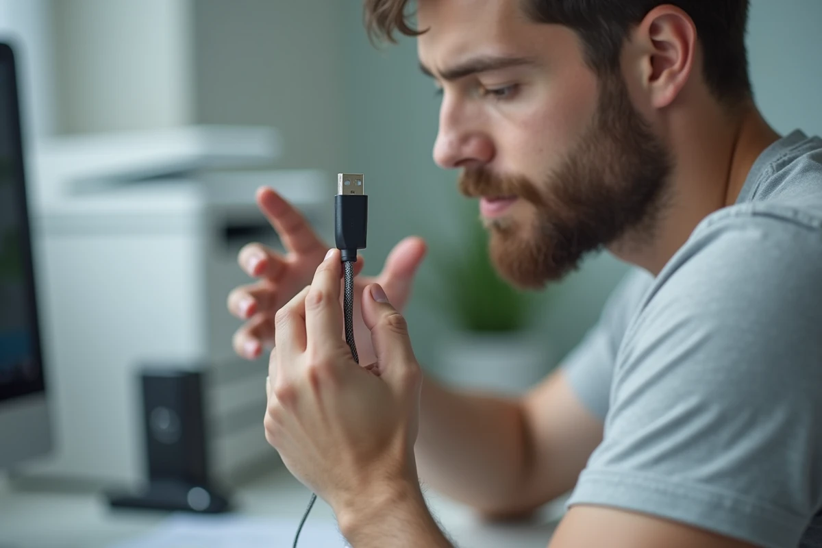 Câble USB B vers USB C tenu à la main devant une imprimante dans un bureau à domicile