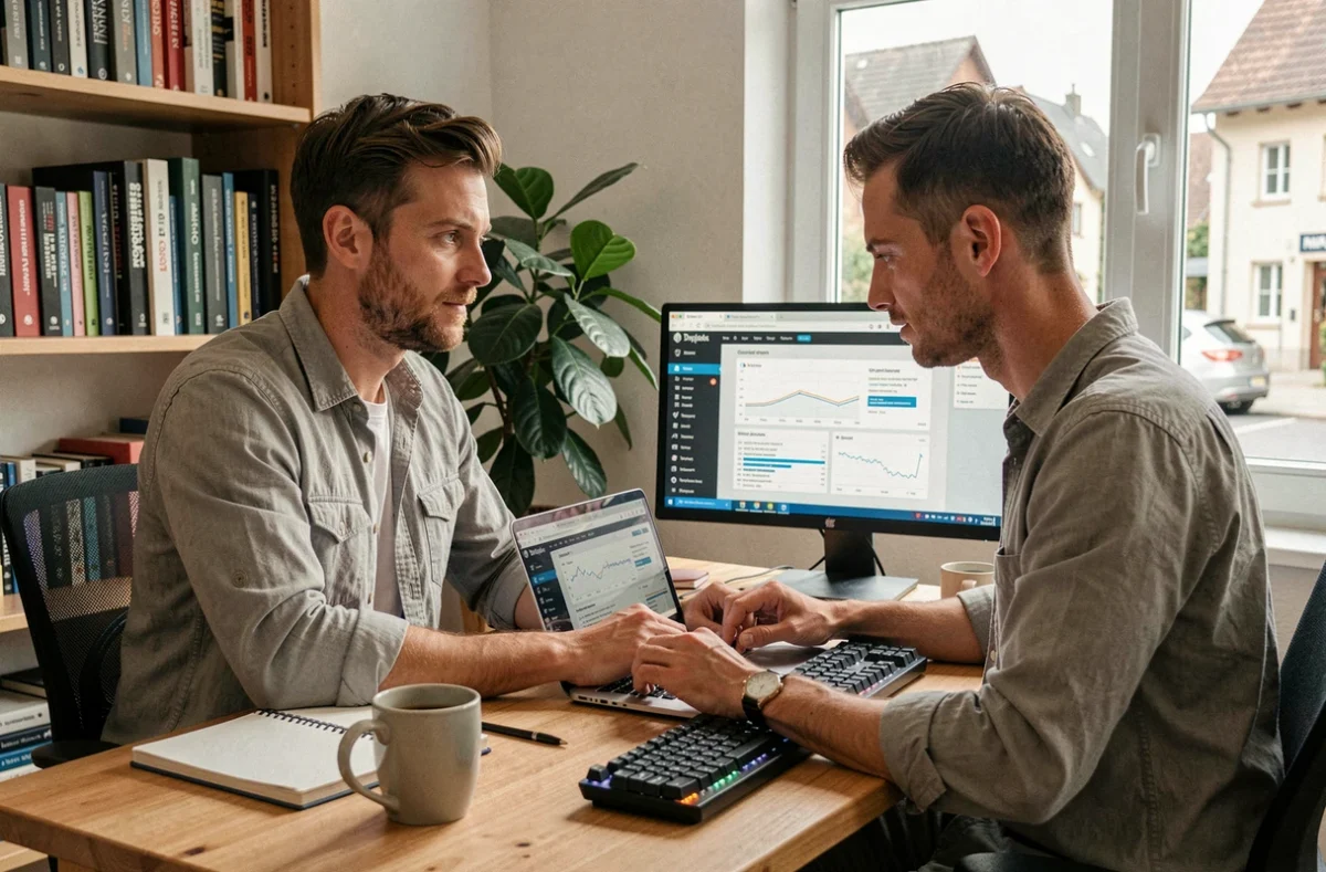 Freelance WordPress et SEO Cédric Chevillard travaillant seul sur un site web dans son bureau à Grenoble