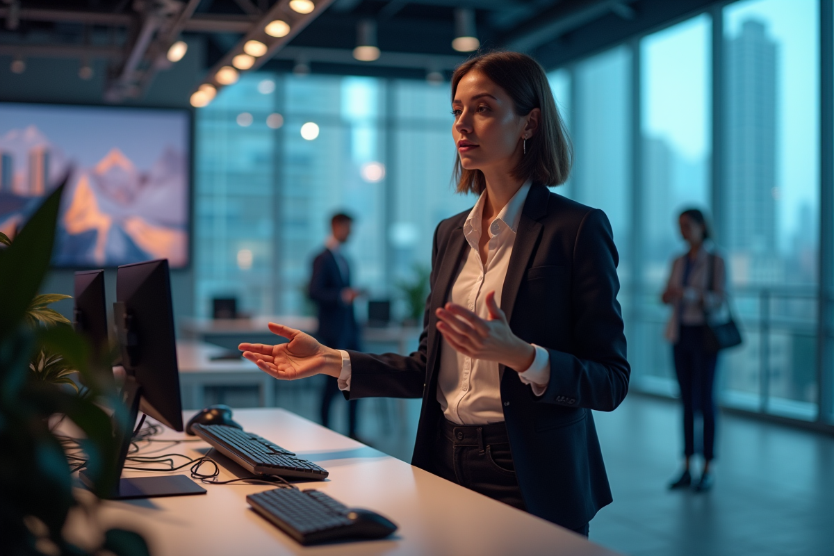 Femme coach eSports expliquant des pads de jeu en showroom