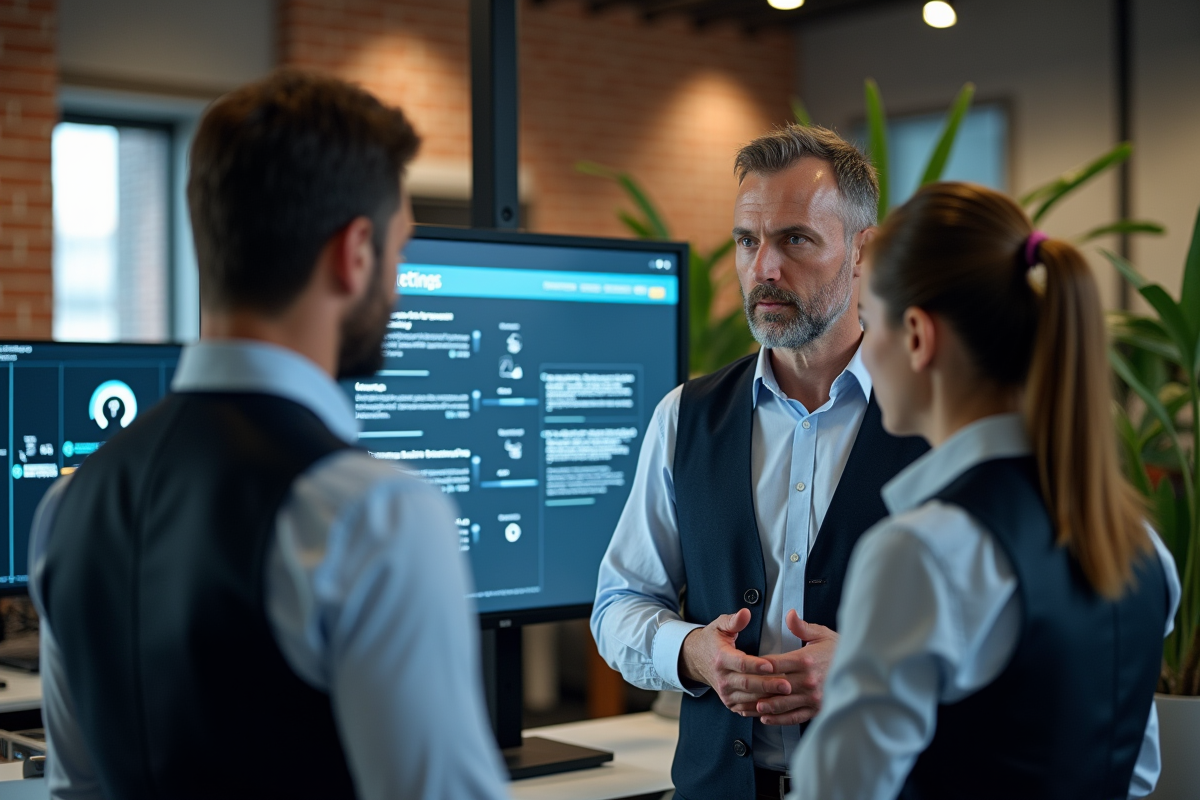 Groupe de collègues collaborant devant un écran de workflow marketing