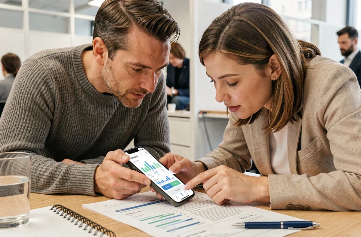 Deux collègues analysant une interface de télégestion mobile sur smartphone lors d'une réunion de travail en open space