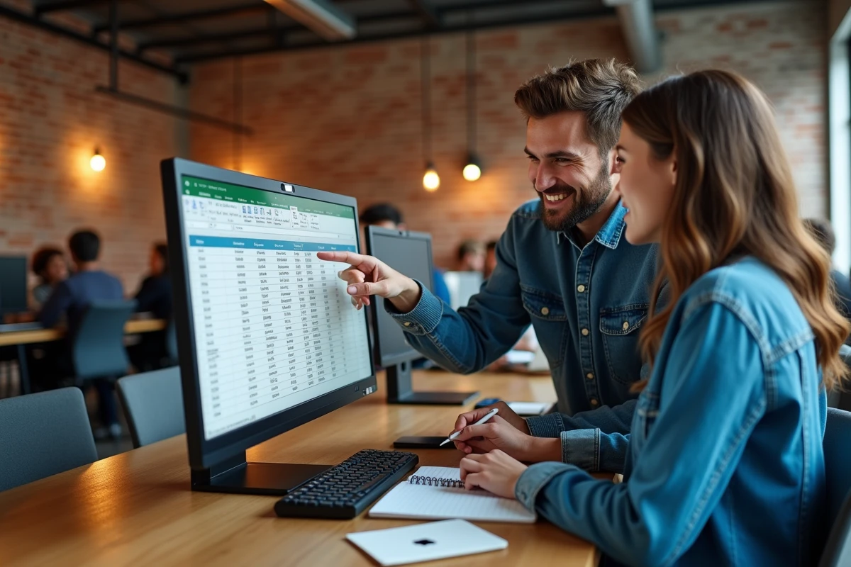 Deux collègues collaborant autour d'un écran Excel montrant des lignes et colonnes figées dans un espace de coworking