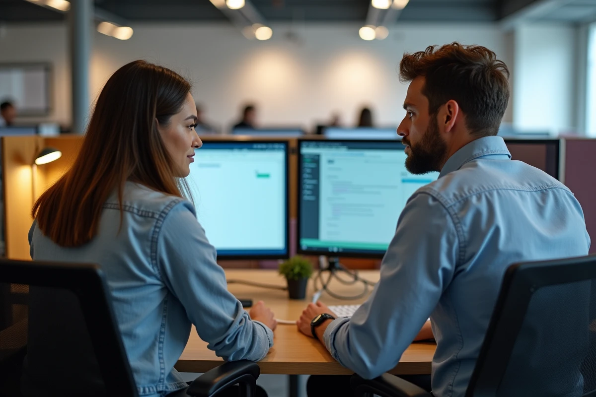 Deux collègues comparant un webmail et une application de messagerie dédiée sur un écran de bureau en open space