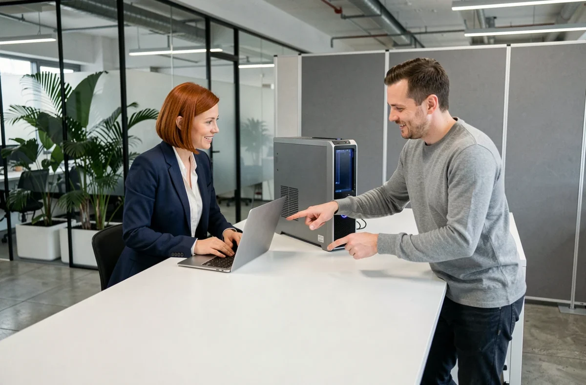 Deux collègues comparant un ordinateur portable et un ordinateur fixe dans un bureau moderne, illustrant le choix entre mobilité et sédentarité