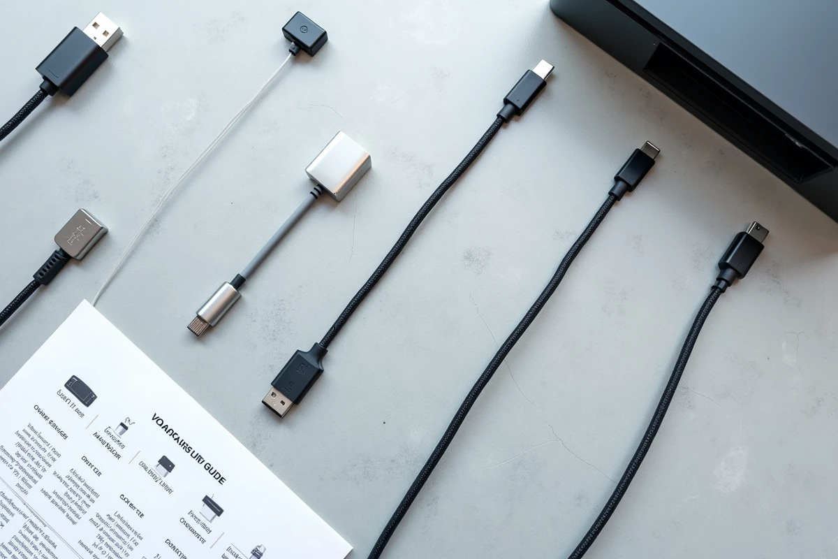 Comparatif de câbles USB B vers USB C disposés en flat lay sur un bureau avec une imprimante