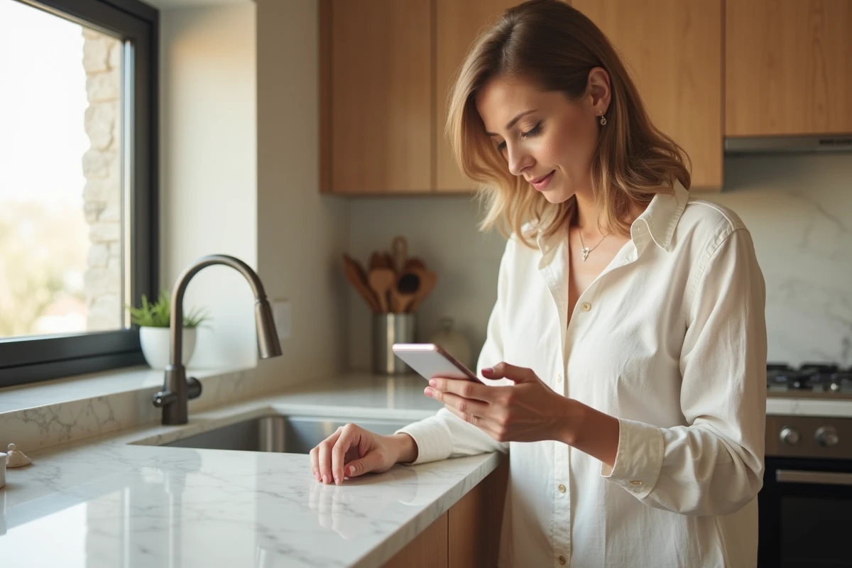 Femme debout dans une cuisine consultant son smartphone face à un compte Instagram supprimé ou introuvable
