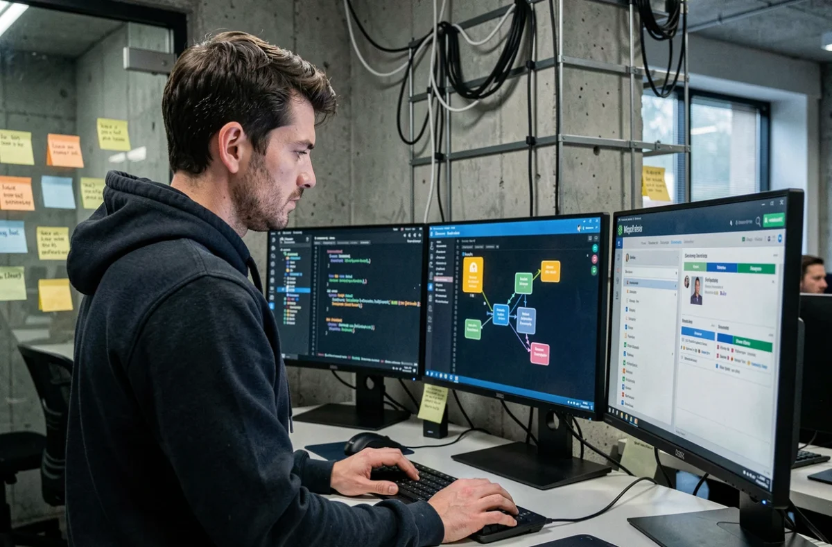 Développeur Conexus travaillant sur l'intégration de systèmes et le développement logiciel dans un bureau tech moderne