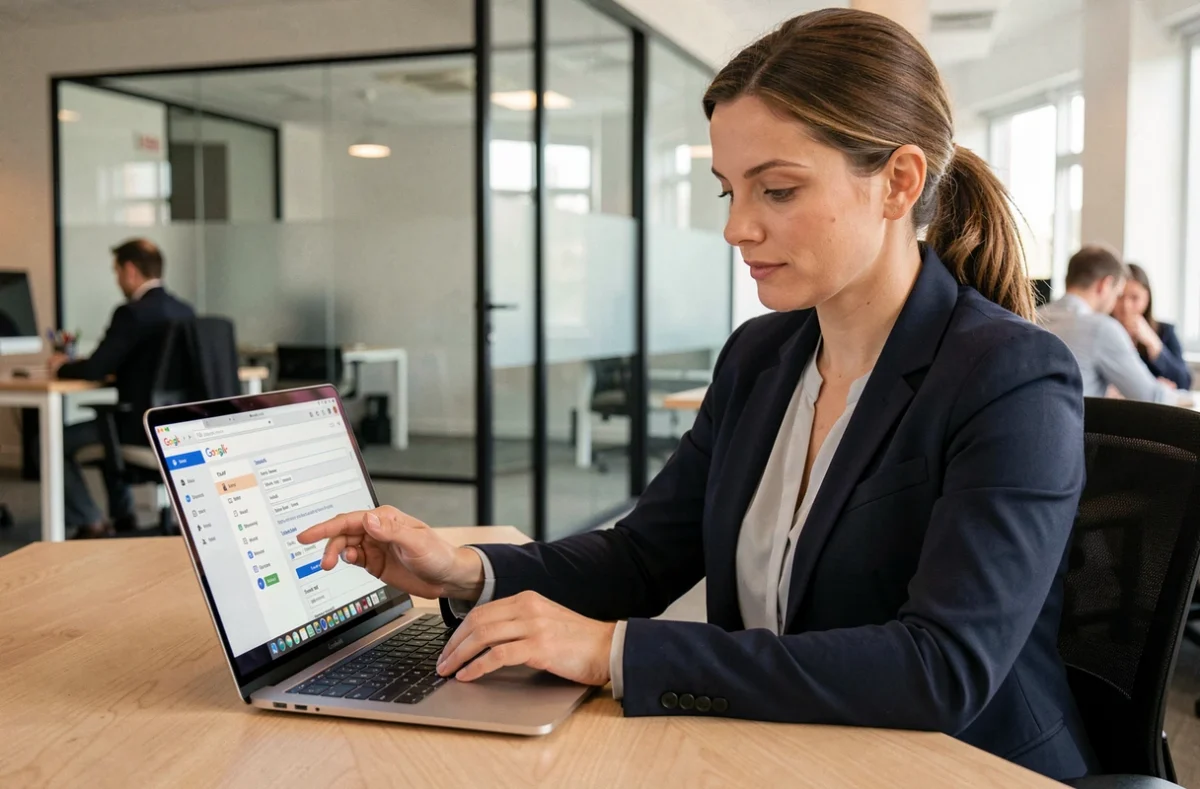 Femme professionnelle configurant les paramètres IMAP et POP de Gmail sur un ordinateur portable dans un bureau moderne