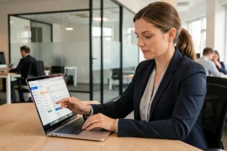 Femme professionnelle configurant les paramètres IMAP et POP de Gmail sur un ordinateur portable dans un bureau moderne