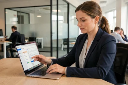Femme professionnelle configurant les paramètres IMAP et POP de Gmail sur un ordinateur portable dans un bureau moderne
