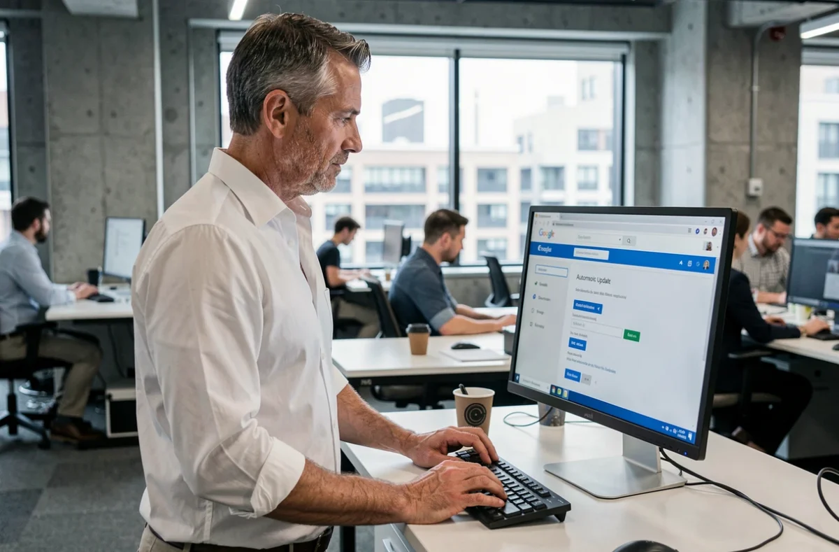Homme configurant les mises à jour automatiques de Google sur un ordinateur de bureau dans un environnement de bureau professionnel