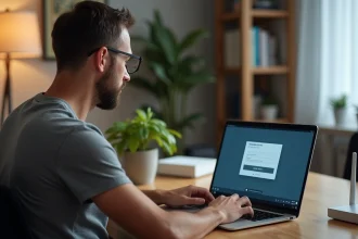 Homme configurant son réseau Wi-Fi domestique via l'interface administrateur du routeur sur un ordinateur portable