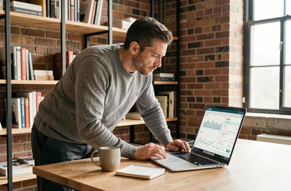 Consultant SEO indépendant travaillant sur une plateforme de veille concurrentielle depuis son bureau à domicile