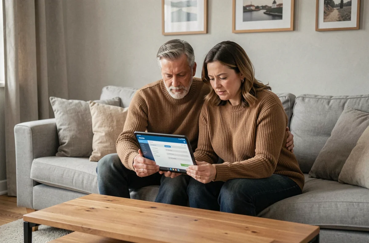 Couple consultant ensemble leurs relevés d'assurance-vie en ligne sur une tablette numérique dans leur salon