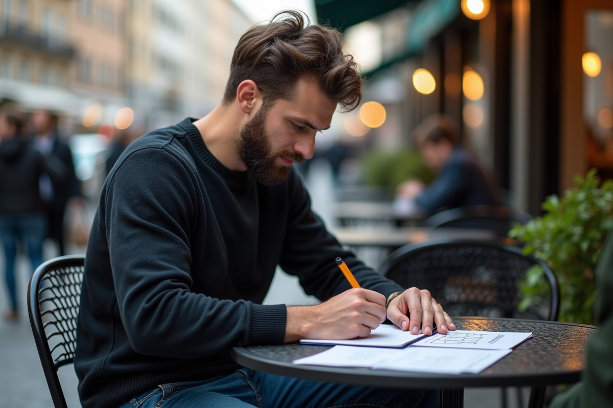 Homme dessinant la maquette d un site au café