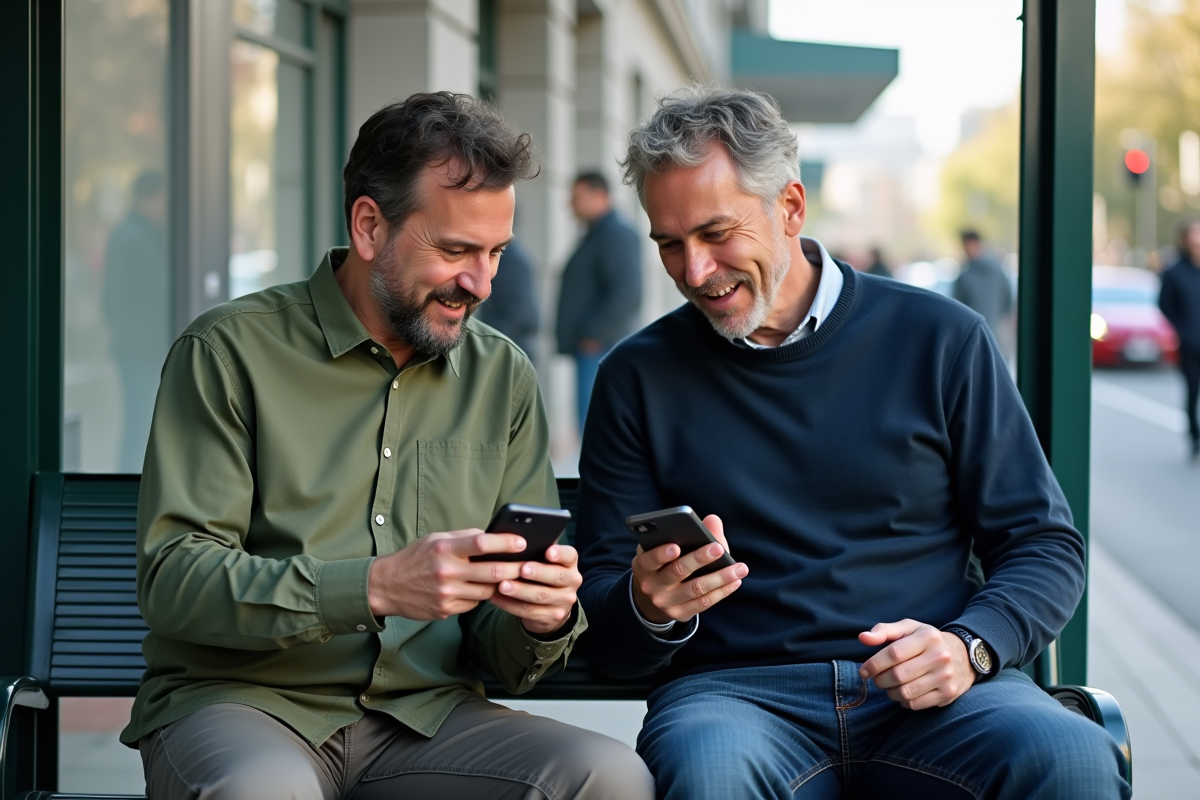 Deux hommes discutant avec leurs smartphones en ville