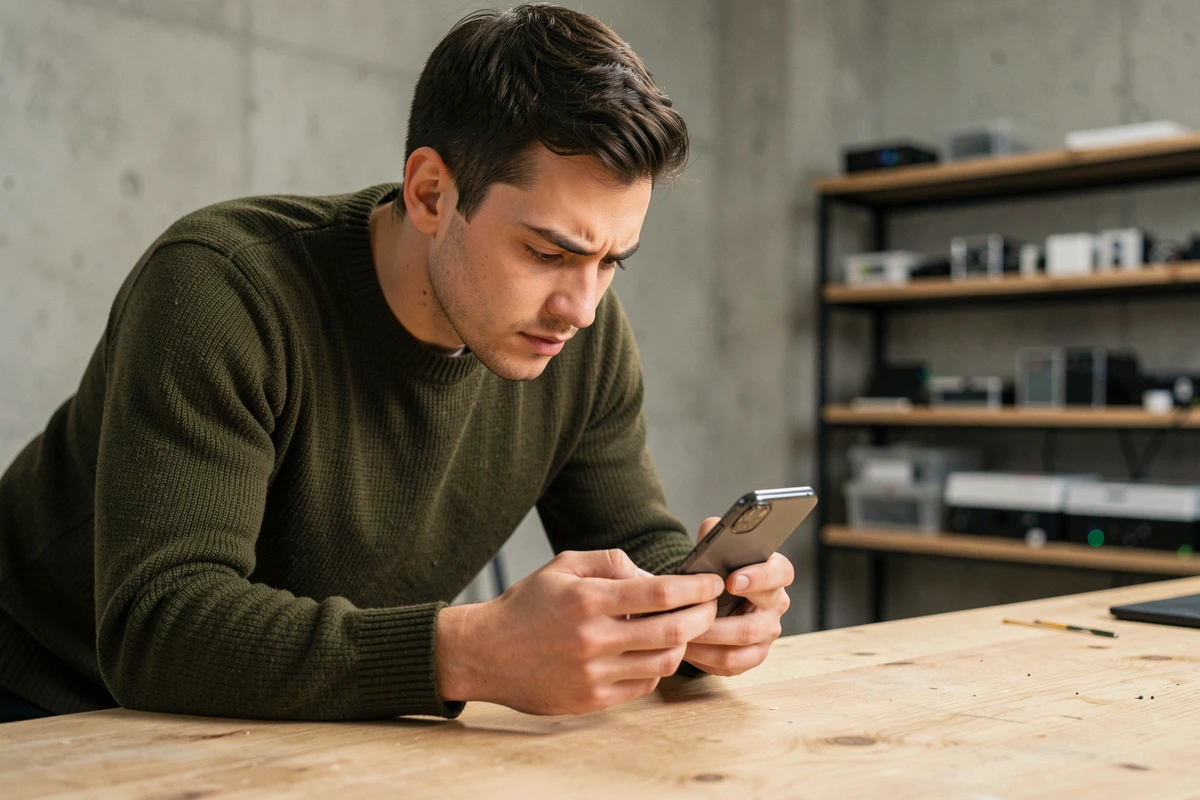 Développeur analysant une maquette physique d'iPhone SE compact dans un studio technologique moderne