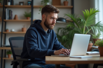 Jeune homme développeur concentré sur son ordinateur dans un bureau moderne