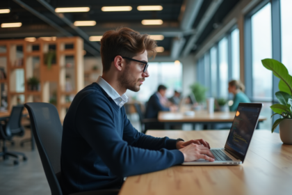 Jeune developpeur homme concentré sur son ordinateur dans un bureau moderne