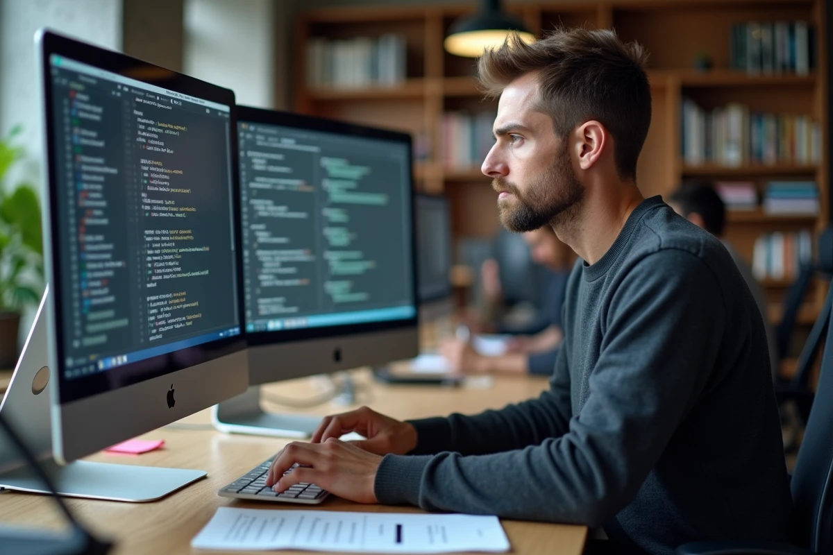 Développeur web analysant une migration de code Silverlight vers HTML5 sur deux écrans dans un bureau tech moderne