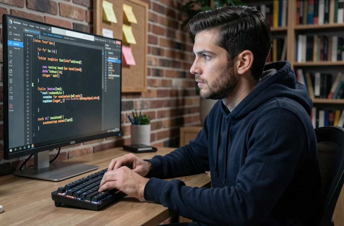 Développeur Python concentré devant un moniteur affichant une boucle for-else en Python avec mise en évidence syntaxique